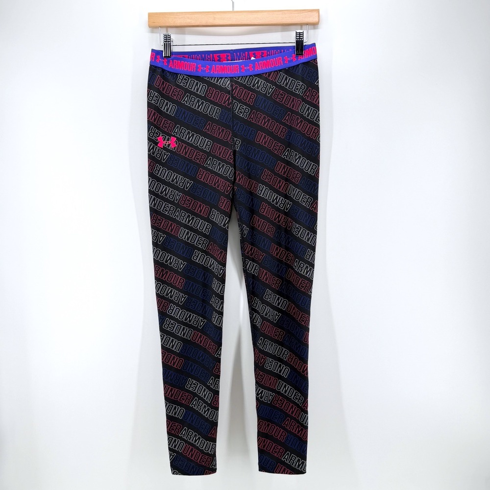 Under Armour Leggings Girls Youth Large Black Multi Logo HeatGear Activewear